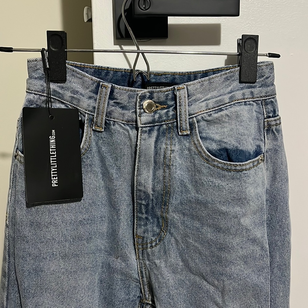 Petite light blue wash long leg straight jean